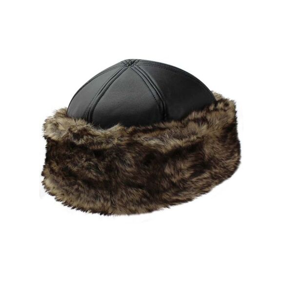 Black Faux Leather & Faux Fur Trim Russian Hat With Quilted Lining - Picture 1 of 8